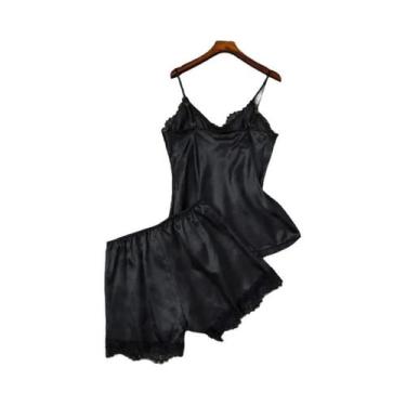 Imagem de Conjunto De Pijama Sexy De Cetim Para Mulheres Com Decote Em V, Laço D