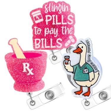 Imagem de 3 peças Carretel de crachá de farmácia fofo glitter RX pílula acrílico Silly Goose Hilário espirituoso retrátil ID nome titular com clipe jacaré acessórios médicos engraçados presente de apreciação em
