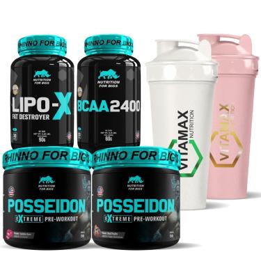 Imagem de Kit Duplo 2x Coqueteleira + 2x Pré Treino Posseidon + BCAA 2400 + Termogenico-Unissex