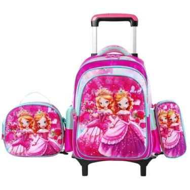 Imagem de Mochila escolar de rodinhas com LED, kit 3 peças com mochila. lancheira forrada e estojo, para meninos e meninas de 6 a 12 anos (2 PRINCESAS)