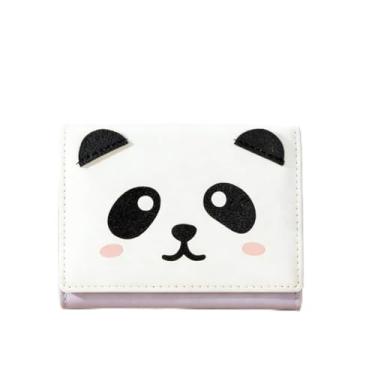 Imagem de Carteira feminina fina de desenho panda com três dobras, carteira pequena com vários compartimentos e janela para identidade, carteira feminina para cartões, dinheiro, cupons, Roxa, Desenho animado