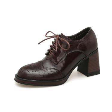 Imagem de TinaCus Sapato feminino de salto Oxford feito à mão em couro legítimo bico redondo com cadarço, Marrom, 34