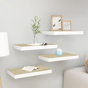 Imagem de HHHJQFAAT Prateleiras de parede flutuantes montadas, armazenamento de parede para banheiro, sala de estar, quarto, 2 peças, carvalho e branco, 39,9 x 23,1 x 3,8 cm MDF