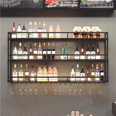 Imagem de Rack de vinho moderno montado na parede, prateleira de armazenamento flutuante de unidade de bar com luz LED, suporte de exibição de garrafa de vinho multifuncional, prateleiras de cálice suspensas