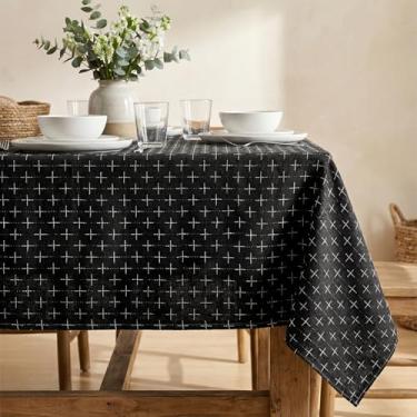 Imagem de Horaldaily Toalha de mesa retangular preta, toalha de mesa bordada texturizada sólida cruzada, sem rugas, lavável 152 x 300 cm para cozinha, festa, casamento, piquenique, ao ar livre
