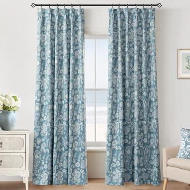 Imagem de Cortinas blackout plissadas para sala de estar e quarto, 2 painéis de 2 painéis, casa de campo costeira, casa de fazenda, azul claro, estampa floral, preto, tratamento de janela, cortinas plissadas