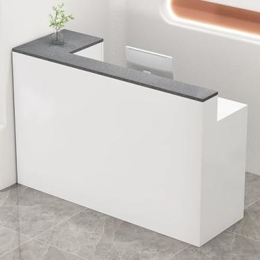 Imagem de Mesa de recepção moderna em forma de L com gaveta bloqueável e bandeja de teclado, balcão de caixa de varejo para área de recepção de escritório - branco, 140 x 45 x 100 cm
