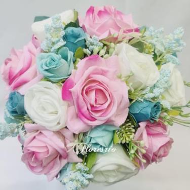 Imagem de Buquê de Noiva Artificial com Flores Coloridas para Casamento Civil ou Religioso(00525/RosaClaro/Branco/Azul)