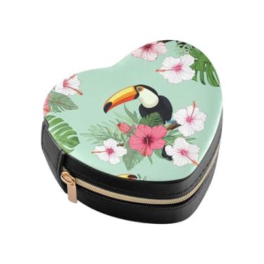 Imagem de Burbuja Tucanos empoleirados em galhos, caixa de joias em forma de coração, mini estojo de viagem para mulheres e meninas, organizador portátil de armazenamento para brincos, anéis, colares e