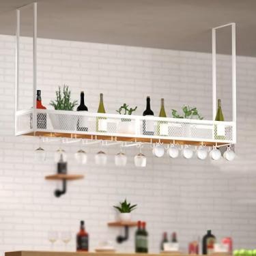 Imagem de Rack de teto para copos de vinho, rack de vinho suspenso com suporte de vidro e prateleira, suporte de garrafa de vinho pendurado industrial, prateleira de montagem no teto para cozinha de bar (cor