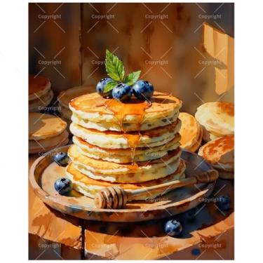 Imagem de Kit de pintura gourmet natureza morta por números para adultos – panquecas DIY com mirtilos e xarope pintura em tela, conjunto de tinta acrílica para iniciantes, arte para decoração de casa ou