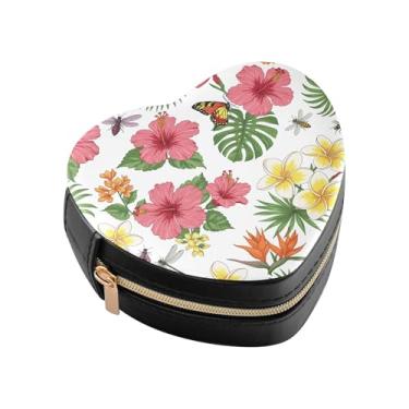 Imagem de Burbuja Caixa de joias em forma de coração com flores tropicais, mini estojo de viagem para mulheres e meninas, organizador portátil de armazenamento para brincos, anéis, colares e pulseiras