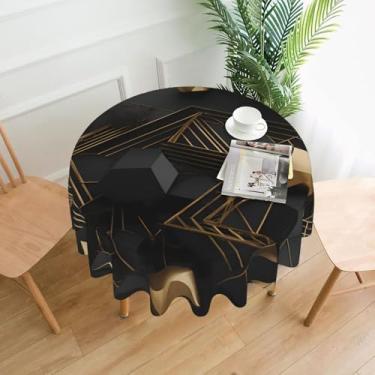 Imagem de LPLSNWS Toalha de mesa redonda com estampa xadrez preta e dourada, tamanho de 152 cm, adequada para decoração de cozinha e sala de jantar.