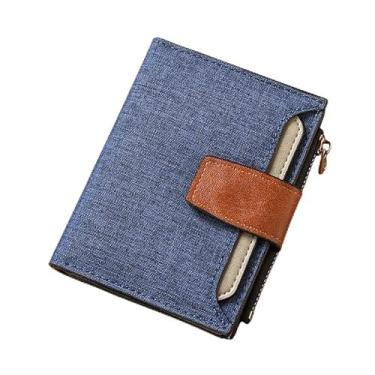 Imagem de Carteira curta masculina de lona - organizador de 16 compartimentos para cartão com bolso com zíper, durável, 12 x 10 cm (preto, azul, cinza), Azul, Retrô