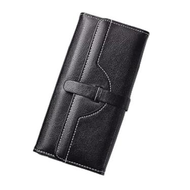 Imagem de Carteira longa feminina com zíper - 12 compartimentos para cartão e 4 compartimentos para notas, organizador de poliuretano de grande capacidade, 19 x 9,7 cm (preto, vermelho, azul), Preto, Clássico