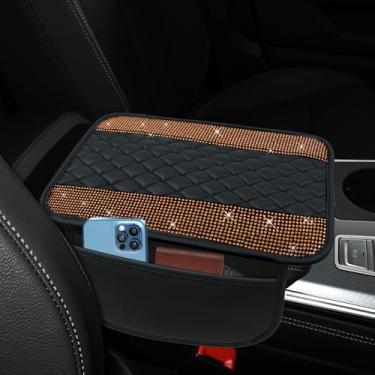Imagem de ongfuwu Capa de couro brilhante para console central de carro, capa de descanso de braço automotivo de strass de cristal com bolsos laterais, protetor universal de apoio de braço para veículos