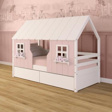 Imagem de Cama Casinha Encantada Com 02 Gavetas Madeira Maciça Rosa/ Branco Megamobilia
