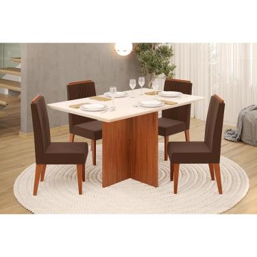 Imagem de Conjunto: Mesa de Cozinha Hera c/ Tampo Madeirado c/ Vidro Reto 120x90cm e 4 Cadeiras Lia Freijo/Off White - Suede Moca - DJ Móveis