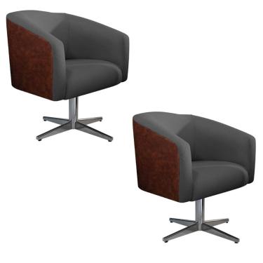 Imagem de Kit 02 Poltronas Base Giratória Metal Couro Ecológico Chumbo