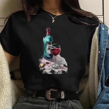 Imagem de Camiseta Blusa feminina Taça de Vinho envelhecido fino Blusa Preta Algodao