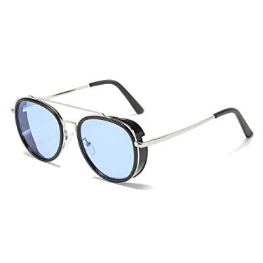Imagem de Óculos de sol redondos de metal steampunk feminino moda masculina de luxo para dirigir óculos de sol espelho uv400 zonnebril dames óculos, c7 prata azul, china
