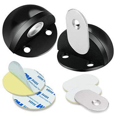Imagem de Batente de porta de chão, preto magnético porta batente adesivo suporte de porta invisível aço inoxidável sem perfuração protetor de parede domo magnético batente de porta para o fundo da porta, pacote com 2