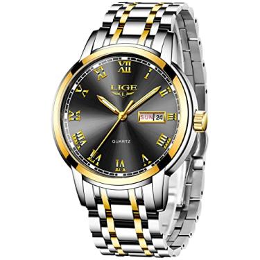 Imagem de LIGE Relógio masculino de aço inoxidável, à prova d'água, analógico, quartzo, masculino, clássico, vestido de negócios, relógio de pulso para homens, data, calendário, relógio de pulso, 3 dourados,