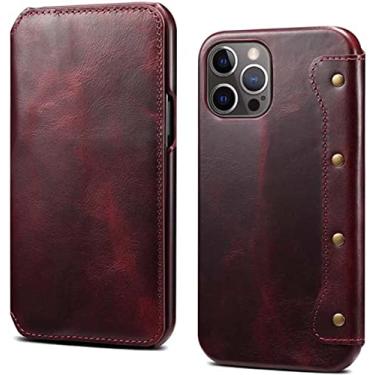 Imagem de HOUCY Capa de telefone flip de couro, para Apple iPhone 14 Pro Case 6,1 polegadas 2022 cera de óleo couro de vaca à prova de choque carteira de capa fólio [porta-cartão] (cor: vermelho)