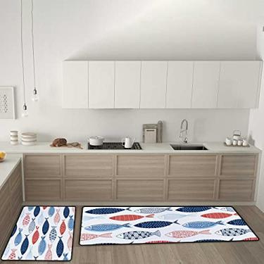 Imagem de Tapetes de cozinha padrão de peixe colorido antiderrapante conjunto de 2 tapetes de cozinha, tapete confortável antifadiga para sala de jantar, lavanderia, escritório
