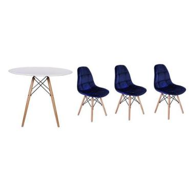 Imagem de Kit Mesa Jantar Eiffel 80cm Branca + 03 Cadeiras Botonê Veludo - Azul