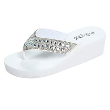 Imagem de Chinelos moda verão praia chinelos sapatos femininos casuais flip wedges strass feminino confortável chinelos (branco, 7,5)