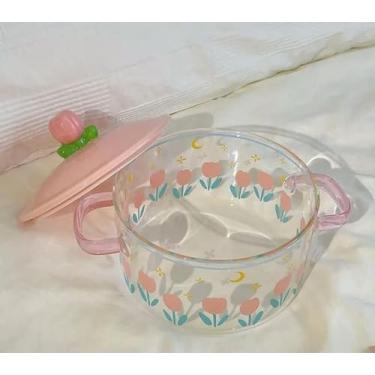 Imagem de INSTR Tigela de macarrão de vidro de orelha dupla fresca com tampa tigela de macarrão adorável para estudante tigela de sopa de grande capacidade alta temperatura