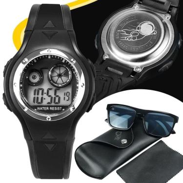 Imagem de Relogio digital preto infantil led + sol oculos protecao uv data adolescente alarme esportivo menino