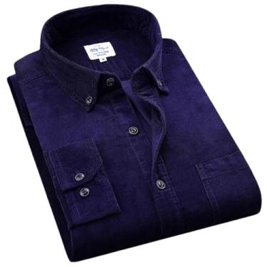 Imagem de BoShiNuo Camisa masculina de veludo cotelê de algodão quente outono inverno manga comprida camisa casual inteligente para homens confortáveis, Azul marino, M