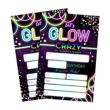 Imagem de LWBEO Cartões de convite de aniversário, convites de festa neon brilhante, suprimentos de decoração de festa de feliz aniversário infantil, 20 cartões de preenchimento com envelopes para celebração de