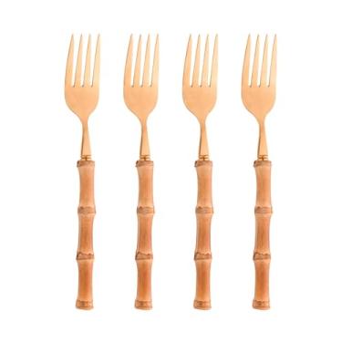 Imagem de Conjunto 4 Garfos para Mesa de Aço Inox com Cabo de Bambu Tulum Dourado 20cm - Wolff
