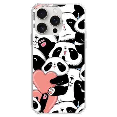 Imagem de Blingy's Capa para iPhone 15 Pro Max, estilo urso panda fofo com padrão de corações adoráveis desenho animado divertido design de animal capa protetora de TPU macio compatível com iPhone 15 Pro Max 6,7 polegadas (panda com corações)