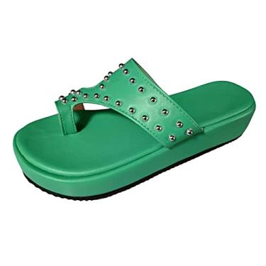 Imagem de Sandálias femininas fashion verão cor sólida couro metal unhas decorativas bico aberto sola grossa sandálias femininas chinelos, Verde, 9 X-Narrow