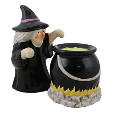 Imagem de Ebros Gift Conjunto de bonecos de cerâmica "Double Toil And Trouble Fire Burn And Cauldron Bubble", poção negra, bruxa mágica e caldeirão grande na lareira, saleiro e pimenteiro