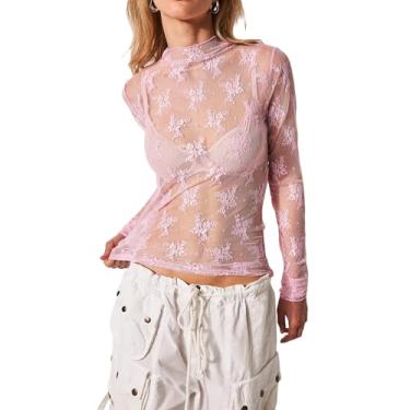 Imagem de Blusa feminina de malha transparente, manga comprida, gola redonda, renda floral, sexy, transparente, C Rosa 45, G