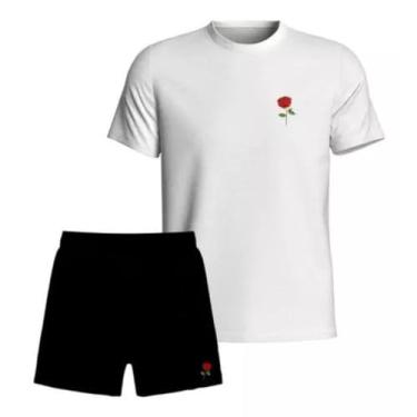 Imagem de Kit Conjunto Camiseta Basica Estampada e Short Tactel Masculino (Branco Flor, M)