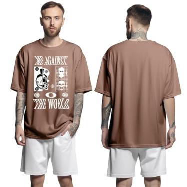 Imagem de Camisa Camiseta Oversized Streetwear Genuine Grit Masculina Larga 100% Algodão 30.1 Me Agains The World - Marrom - G