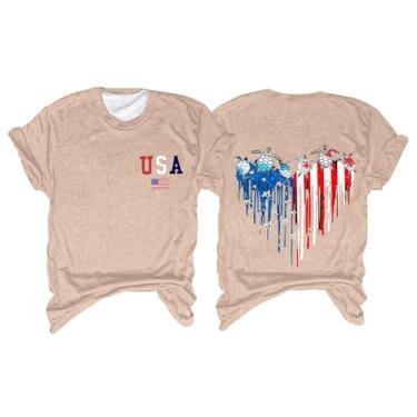 Imagem de Camiseta feminina com bandeira da América, roupa do quarto de julho, roupa do Memorial Day, camiseta patriótica feminina de manga curta, #2 - Bege, GG
