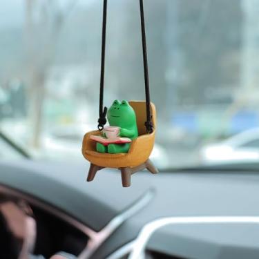 Imagem de Gmngis Sapo Espelho Retrovisor Acessórios Pendurados Sapo Bonito Sentado Sofá Lendo e Bebendo Café Carro Ornamento Pendente Interior Espelho Retrovisor Decoração