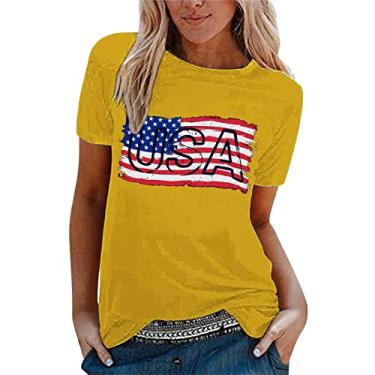 Imagem de Camisetas femininas 4 de julho verão bandeira americana listras estrelas tops manga curta túnica Memorial Day Patriotic Festival, Amarelo, M