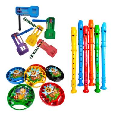 Imagem de Kit de Brinquedos Musicais Educativo Infantil para Crianças 20 (Flauta + Pandeiro + Reco Reco) Lembrancinha Prenda Junina Parque