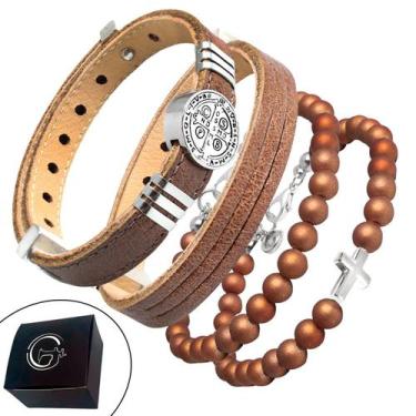Imagem de Pulseira de Couro Kit 04 São Bento Marrom Fecho Strap Plug - GRANADO A