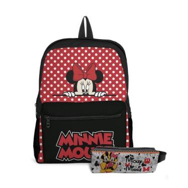 Imagem de Kit Mochila com Bolso e Estojo Escolar Infantil Mickey e Minnie Menina