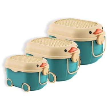 Imagem de Sem Bagunça - Caixa Organizadora Infantil - Cesto Organizador Com Tampa E Rodinha Decorativo para Roupas, Brinquedos e Acessórios. Modelo: Caminhão, Pato, Urso, Porco e Pinguim (Pato G+M+P Azul)
