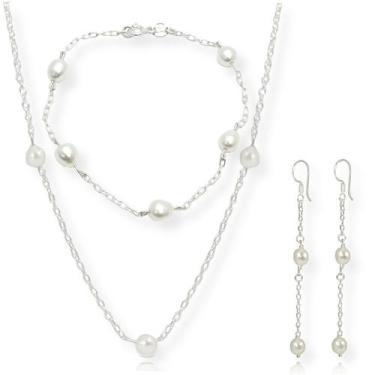 Imagem de Kit Colar Pulseira Brinco Perola Natural Agua Doce Prata 925 - Lojas L